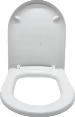 A white toilet seat and lid are shown from a top-down perspective, with the lid open.