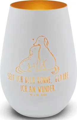 Produktbild von Mr. & Mrs. Panda Glas Windlicht Hunde Liebe - Weiß - Geschenk, Optimitisch, Herz, Hund, Sprüche, Kuss, Wunder, Teelichthalter, teelichtglas, Deko, Laterne