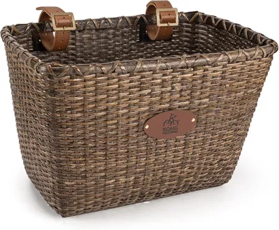 Produktbild von Fahrradkorb aus Rattan – Handgewebt – Holzbodен – Lederriemen
