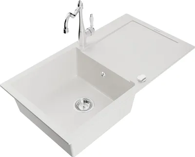 Produktbild von Mexen Leo 1 Becken-Granitspüle mit Abtropffläche und Mischbatterie Carla, Weiß - 6501-20-670700-00