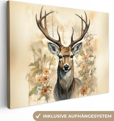 Produktbild von MuchoWow® - Leinwandbilder - Vintage - Hirsch - Rotwild - Blumen - Beige - Tiere - Natur, Wandbild, Wanddeko Bilder Wohnzimmer, 80x60 cm