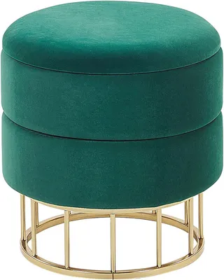 Imagen del producto de Puf tapizado en color verde oscuro y dorado, con espacio de almacenamiento
