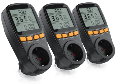 Immagine prodotto di Set di 3 misuratori di consumo energetico Brandson per presa di corrente, con display, che misurano il consumo in kWh, la potenza in watt e i costi. Contatori di energia elettrica, 3 pezzi, colore nero-arancione