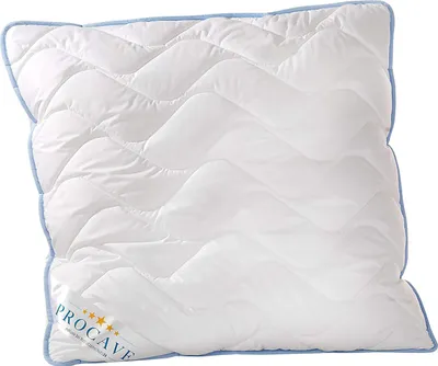 A white pillow with a blue trim and a chevron pattern.