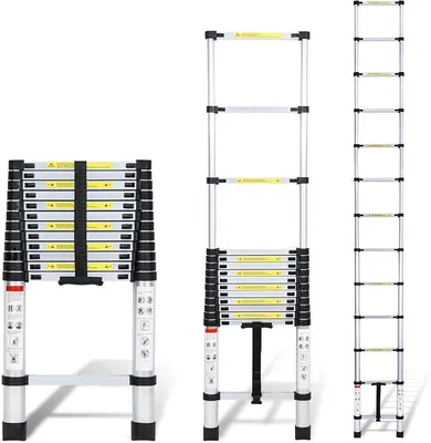 Imagen del producto de Escalera telescópica de 3.8 metros, escalera extensible con peldaños de aluminio antideslizantes, escalera de apoyo multifunción, escalera extensible de aluminio, escalera telescópica con capacidad de carga de 150 kg