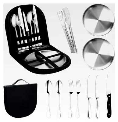 Produktbild von Camping Geschirr Set für 2 Personen, 12-teilig, Edelstahl Picknick Set für Outdoor-Aktivitäten