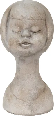 A bust of a young girl with closed eyes, made of stone-like material.