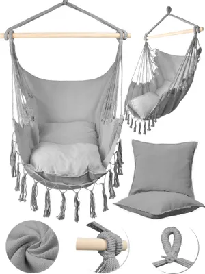 Produktbild von MalTec Hängesessel Gartensessel Brasilianischer Cocoon Stuhl mit Kissen Hängestuhl Indoor & Outdoor Grau Sessel zum Aufhängen