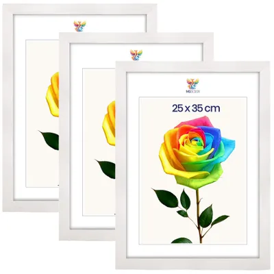 Produktbild von MG Design 3er Set Bilderrahmen 25 x 35 cm - Fotorahmen mit Weiß Echtholzrahmen und bruchsicherem Acrylglas, Hoch & Quer zum Aufhängen, zum Aufstellen