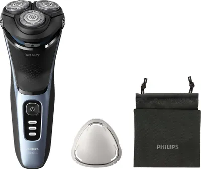 A Philips electric shaver and its accessories are displayed against a white background.