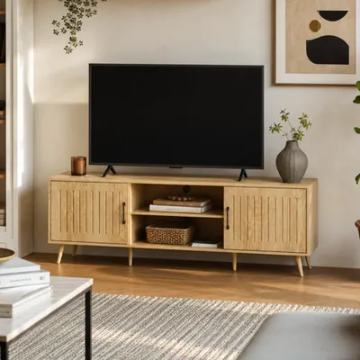 Produktbild von TV Lowboard 160 cm, Fernsehtisch Eiche Optik Hochglanz, TV-Schrank mit 3D-Lamellenfront & Soft-Close, Multimedia Sideboard mit Kabelmanagement