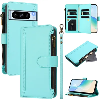 Image de Étui pour Google Pixel 8 Pro, zippé, étui portefeuille en cuirPolyuréthaneà rabat avec poches pour cartes, support et boucle pour les mains vert menthe