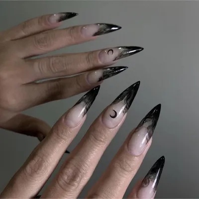 Produktbild von Künstliche Fingernägel Stiletto Halloween Mondhexe Schwarz Gothic mit Nagelkleber, 1-2 Wochen Haltbarkeit