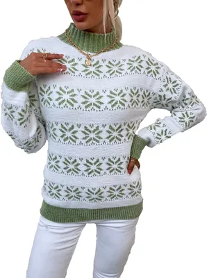 Produktbild von ASKSA Damen Weihnachten Pullover Strickpulli Hohem Kragen Langarm Jumper Sweater, B Grün, S