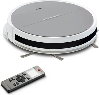 A white and gray robotic vacuum cleaner with a remote control is shown against a white background.