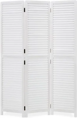 Imagen del producto de Silecomplaza: Panel divisor de ambientes blanco, de 3 piezas, con listones de madera, 170 cm de altura. Separador de ambientes independiente, ideal como pantalla
