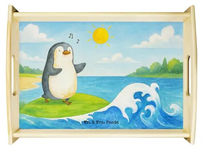 Produktbild von Mr. & Mrs. Panda Servier Tablett Pinguin Surfer Design - Weiß - Geschenk, für bett, Frühstückstablett, Hawaii, Optimistisch, teetablett, Urlaub, Wellen, Portugal, Sofa