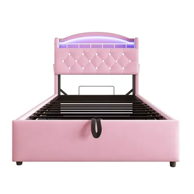 Produktbild von Flieks Hydraulisches Polsterbett 90x200cm mit Ladefunktion und Led, Jugendbett Kinderbett mit Regal und Klappbarem Kopfteil, Einzelbett Samt, Rosa