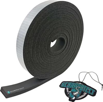 A roll of black foam insulation tape with a white adhesive strip and a separate air freshener with a scorpion logo.