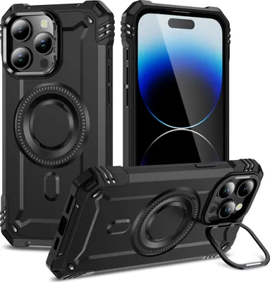 Produktbild von Magnetisch Hülle für iPhone 14 Pro, Heavy Duty Militärischer Stoßfest Handyhülle Kamera-Ringständer Schwarz