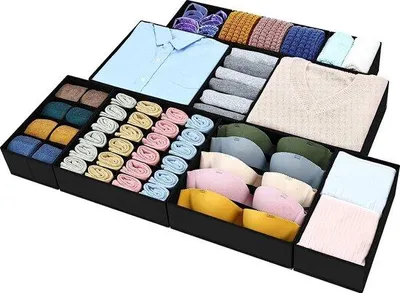 Immagine prodotto di Set di 10 organizer per cassetti Unyqoos® in feltro, contenitori pieghevoli per biancheria intima, reggiseni, calze e abbigliamento, colore nero, 3 dimensioni (11,8 x 11,8 x 4,3 / 11,8 x 5,9 x 4,3 / 5,9 x 5 x 4,3 cm)