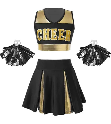 Produktbild von Mädchen Cheerleader Kostüm 2-teilig mit Pompons Gr 110-116 Cm Schwarz Gold – Cheerleading Outfit Top Rock Karneval Halloween Fasching Party Show