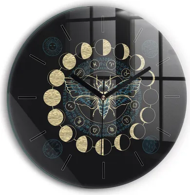 Produktbild von Wallfluent Wanduhr – Stilles Quarzuhrwerk - Uhr Dekoration Wohnzimmer Schlafzimmer Küche - Zifferblatt mit Striche - schwarze Zeiger - 30 cm - Mondphasen und ein Insekt