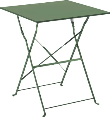 A green folding bistro table with a square top and a metal frame.