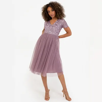 Produktbild von Maya Deluxe Damen Midi-Kleid mit V-Ausschnitt, Verziert Brautjungfernkleid, Mood