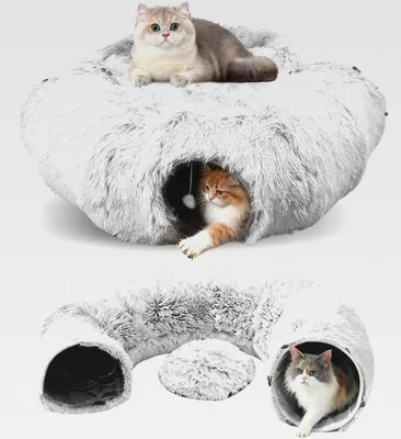 Produktbild von Katzentunnel, Großes Katzenspielzeug, Donut Katzentunnel aus Plüsch mit Schlafplatz, Weiches Katzenbett Katzenhöhle mit Spielball, Katzenspielzeug für Indoor, Faltbar Katzen Tunnel