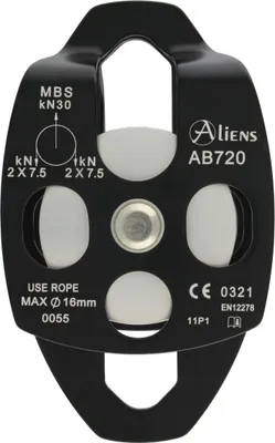 BIG DOUBLE PULLEY OPEN Umlenkrolle von Aliens; geeignet für Seile bis 16 mm; mit einer maximalen Bruchlast von 30 kN.