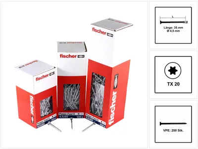 Produktbild von fischer Spanplattenschraube PowerFast, FPF II CTP 4,5 x 35 BC 200 Senkkopf mit Innenstern TX Teilgewinde galvanisch verzinkt, blau passiviert, 200 Stück