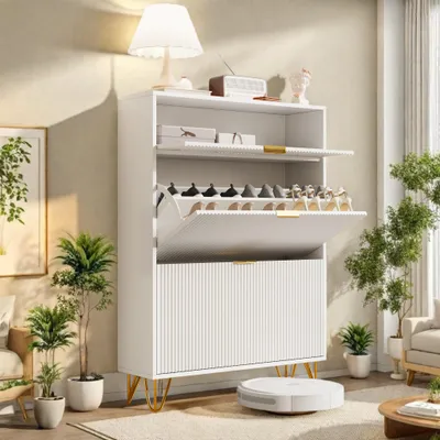 Immagine prodotto di Armadio per scarpe bianco, 80x24x118,5 cm, mobiletto stretto per scarpe con 2 ante e 1 porta, mobiletto stretto in legno per l'ingresso o il corridoio, scaffale per scarpe salvaspazio
