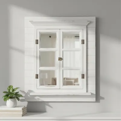 A decorative mirror designed to look like a window with shutters, placed on a shelf with a small plant and books.