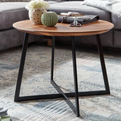 Image de FineBuy Table basse 60x60x45 cm Sheesham bois massif / métal Table basse ronde Table de salon Table basse massive Petite table d'appoint Salon