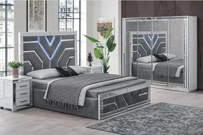 Zdjęcie produktu dla Komplet do sypialni, 4 elementy – łóżko, 2 stoliki nocne i szafa, elegancki design