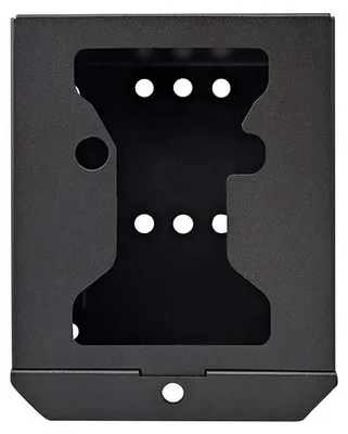 A black metal box with cutouts, likely a protective housing for a camera.