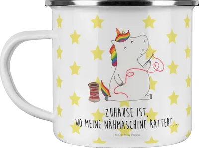 Produktbild von Mr. & Mrs. Panda Haferl Einhorn Näherin - Weiß - Geschenk, Emaille Tasse, Teetasse, Teebecher, Häkeln, Nähen, Campingbecher, Stricken, Unicorn, Einhörner, Pott, Basteln