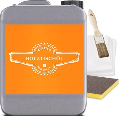 Produktbild von BEKATEQ Holztisch Öl 2,5L Set mit Schleifmatte, Putzvliestuch & Pinsel - Arbeitsplattenöl, Möbelöl, Holzöl biologisch & lösemittelfrei, ergiebig, einfache Anwendung, wasser- & schmutzabweisend LS-240