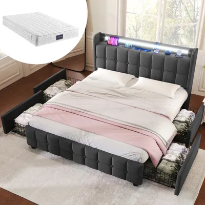 Produktbild von Polsterbett mit aufladen USB Ladefunktion Kopfteil und LED-Beleuchtung und 4 Schubladen,Doppelbett 140x200cm Stauraumbetten Bettgestell, Lattenrost aus Holz