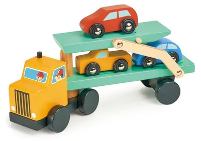 Produktbild von Mentari Autotransporter Spielzeug mit 3 Autos - Holzfahrzeug