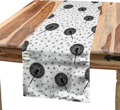 Obrázok produktu pre ABAKUHAUS Púpava stolový behúň, abstraktný vzor s letnými a jarnými kvetmi, jednofarebný, moderný, prírodný, 40 x 300 cm, čierny a biely