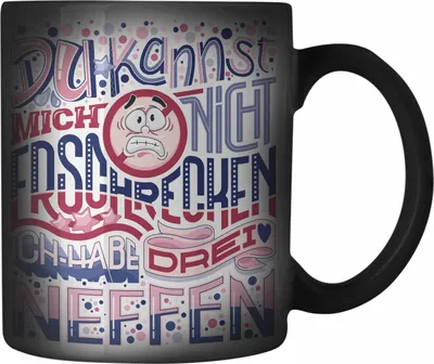 Produktbild von Trendation - Tante Geschenk Farbwechsel Zauber-Tasse 3 Neffen Geschenkidee von Neffen an Tante Lustiger Spruch für Tante (Schwarz)