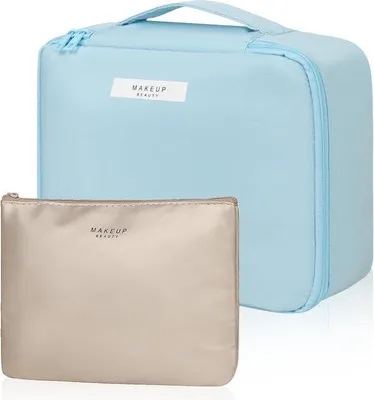 Produktbild von Famanu Kosmetiktasche für Reisen, große Kosmetiktasche, Organizer für Damen und Mädchen, grau-blau