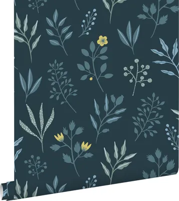 Produktbild von ESTAhome Tapete Blumenmuster im skandinavischen Stil Dunkelblau und Ockergelb 53 cm x 10.05 m