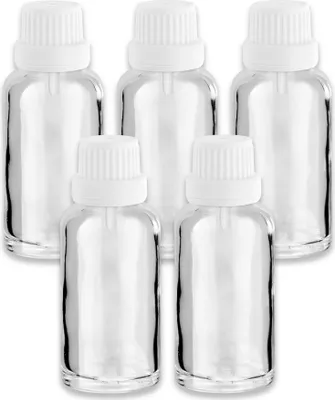 Produktbild von 5x Klarglasflasche 30 ml mit weißem Tropfer Tropfeinsatz Tropfflasche