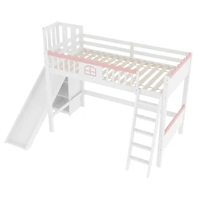 Produktbild von Flieks Etagenbett 90x200cm mit Rutsche, Kinderbett Hausbett mit Leiter, Hochbett mit Rausfallschutz, Holzbett Einzelbett, Weiß