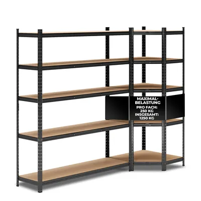 Produktbild von ALL Premium Schwerlastregal Set Schwarz: 1x Eckregal 180x70x40cm & 1x Regal 180x150x40cm, bis 1250 kg, höhenverstellbar, Stecksystem, ideal für Lager