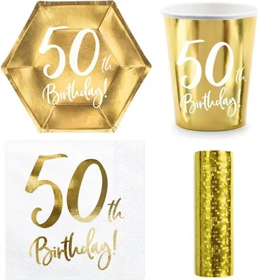 Produktbild von Party Geschirr 50. Geburtstag gold Partyset Einweggeschirr 50 Jahre Teller Becher Servietten