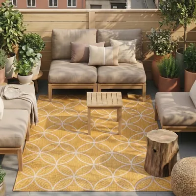 Produktbild von Volero - Geometrischer Outdoor Teppich - Faro Ripple Gelb - 160x230cm - Balkon, Garten, Terrasse, Wintergarten - Boho